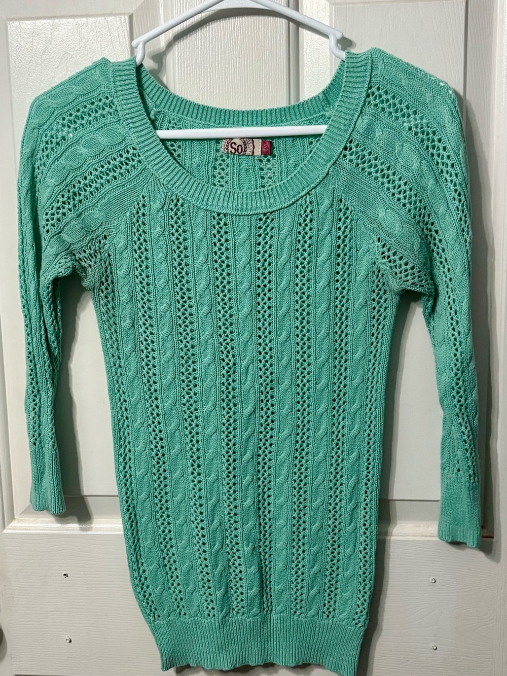 SO Mint-Turquoise Scoop Neck Cable Knit Sweater